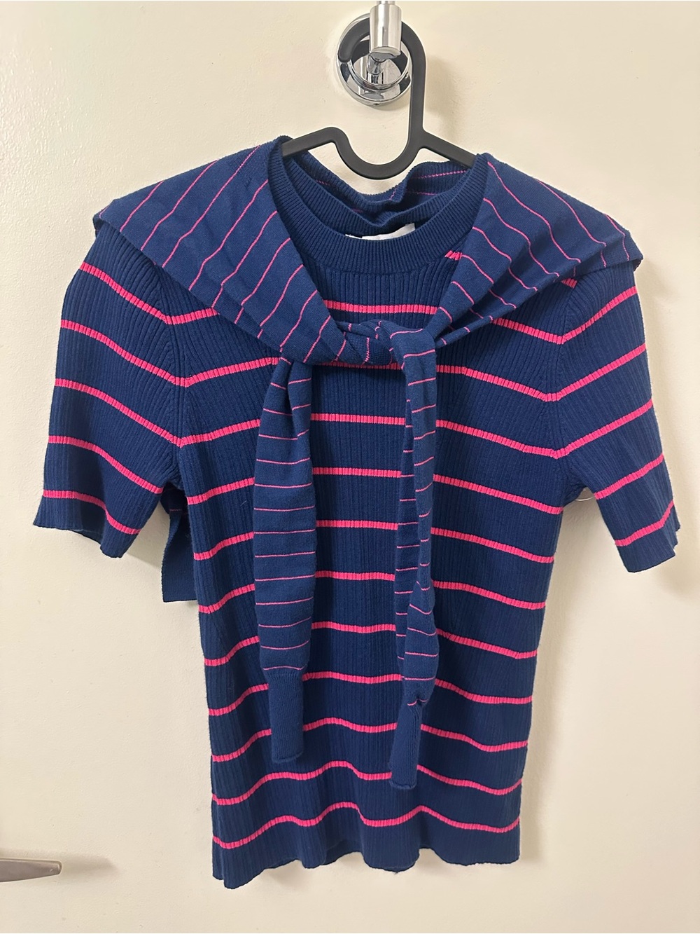 Derek Lam Navy Blue & Hot Pink Stripe Short-Sleeve Top